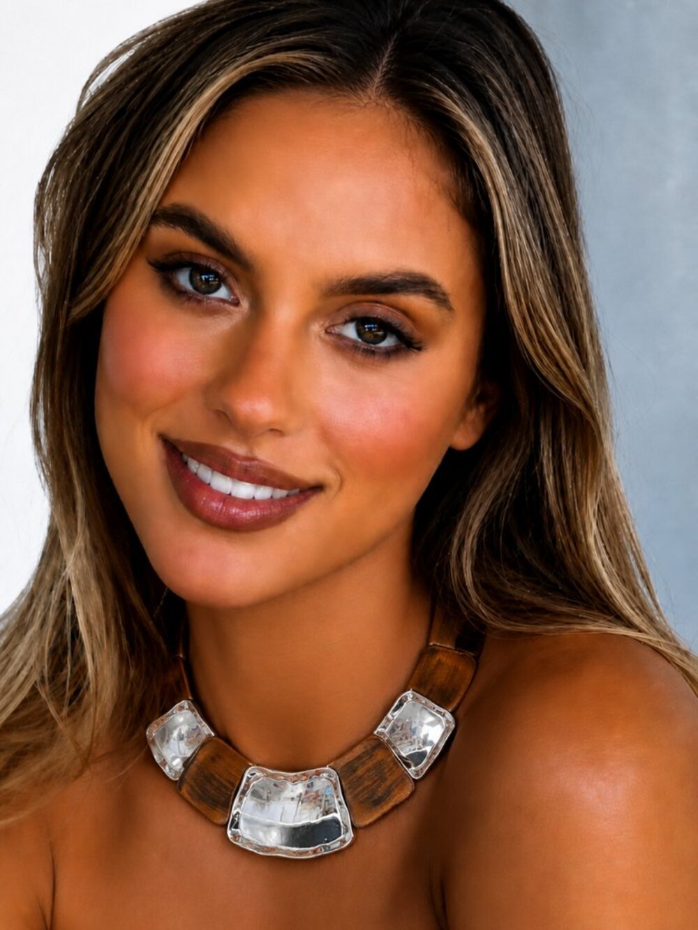 Statement Silver & Wood Look Necklace (All Metal)